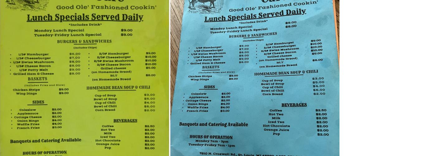 Cattle Run Cafe Menu