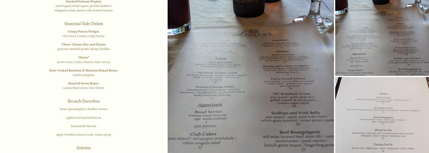 Season's at Highland Lake Menu