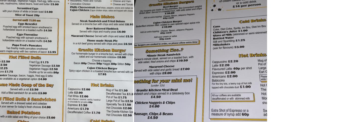 The Granite Kitchen Menu