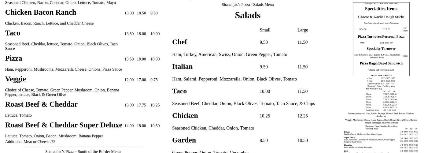 Shananjac's Pizza Menu