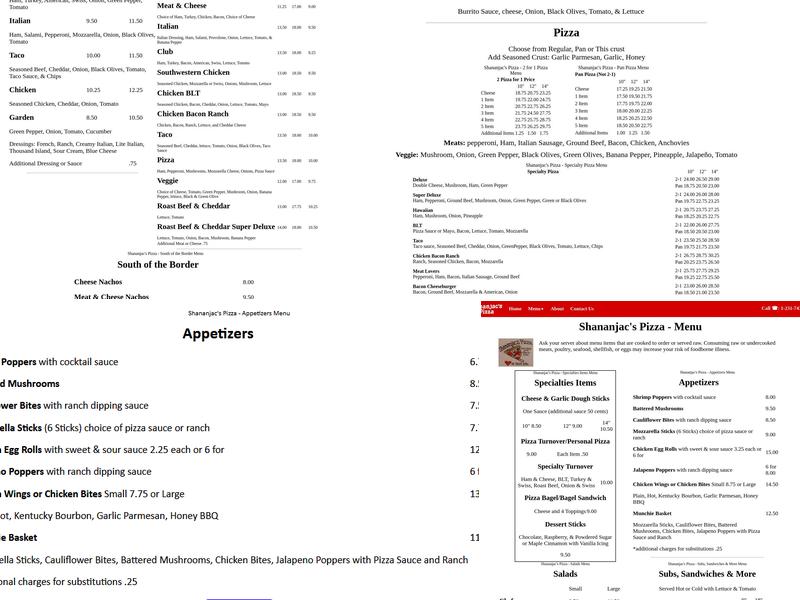 Shananjac's Pizza Menu