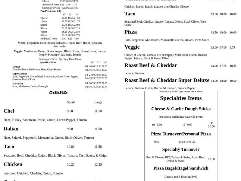 Shananjac's Pizza Menu