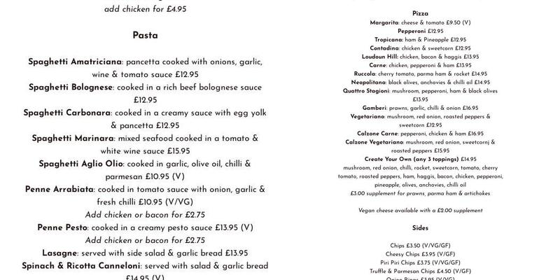 Loudoun Hill Restaurant & Pizzeria Menu