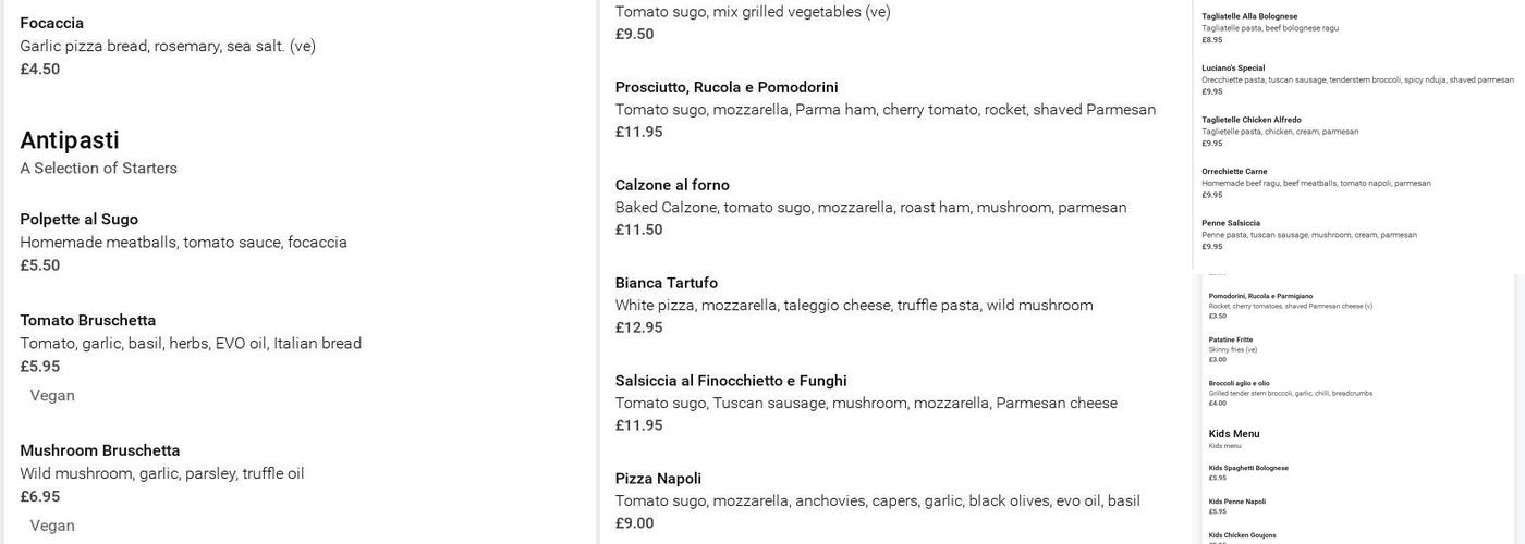 Luciano's Glasgow Menu