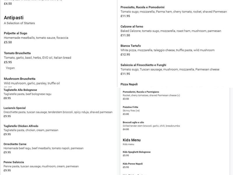 Luciano's Glasgow Menu