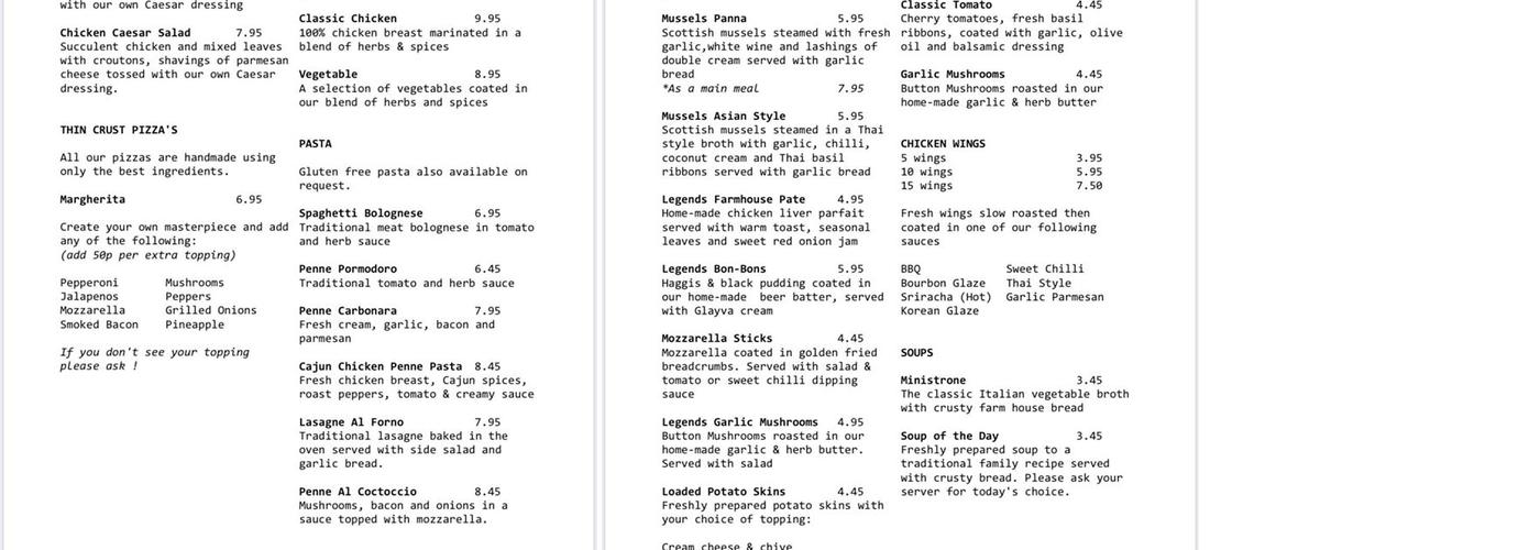 legends sports bar & bistro Menu