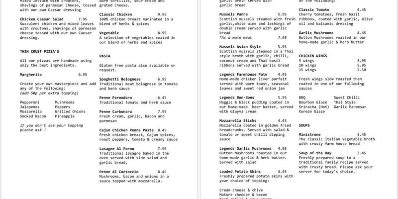 legends sports bar & bistro Menu