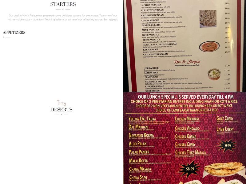 Nimit Palace Indian Restaurant Menu