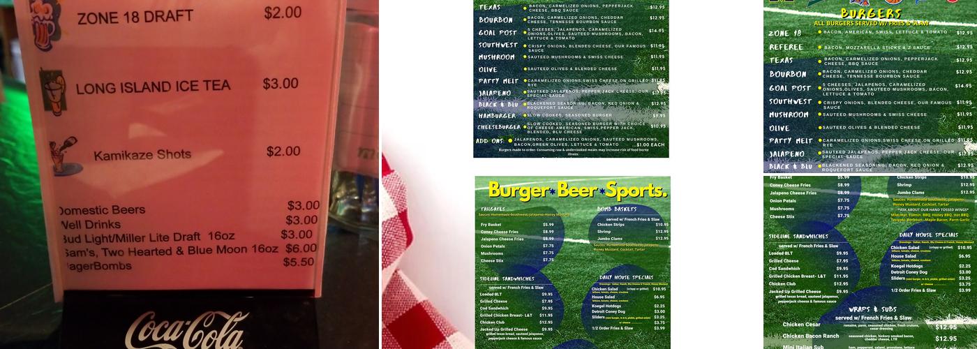 Zone 18 Bar & Grill Menu