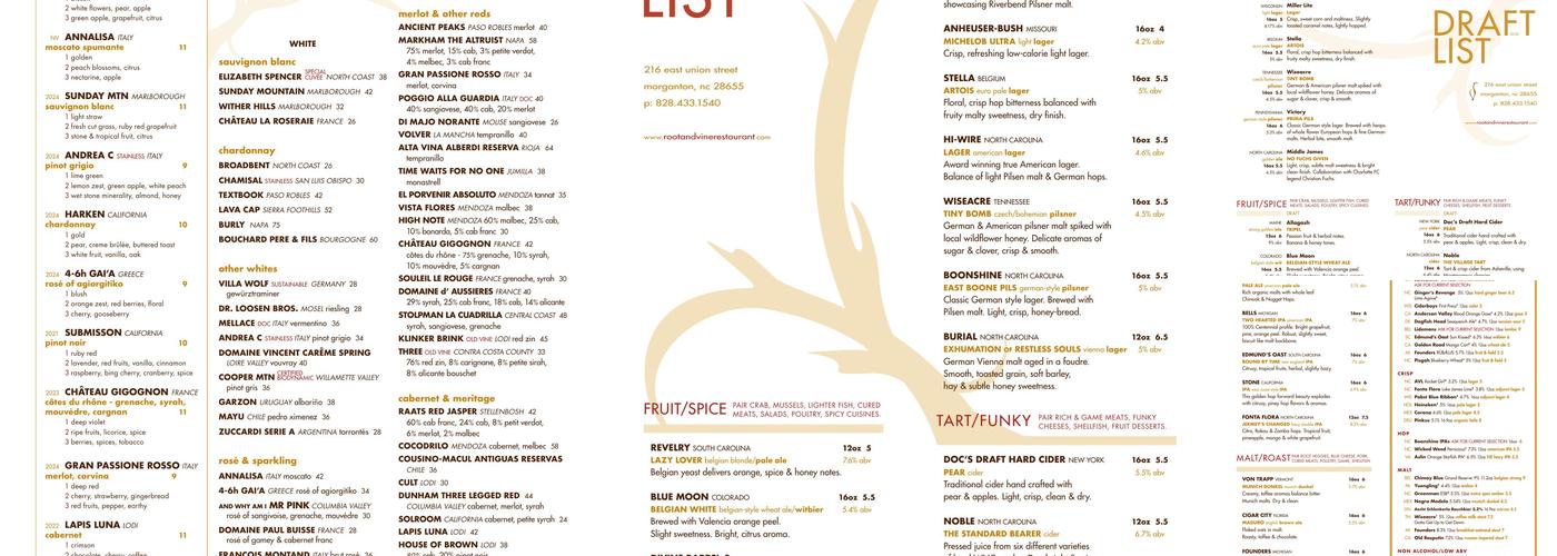 root & vine Menu