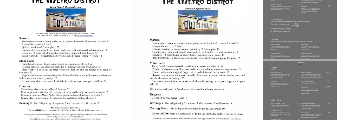 The Metro Bistrot Menu