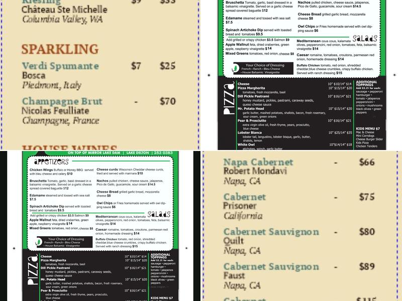 The Green Owl Pizza Menu