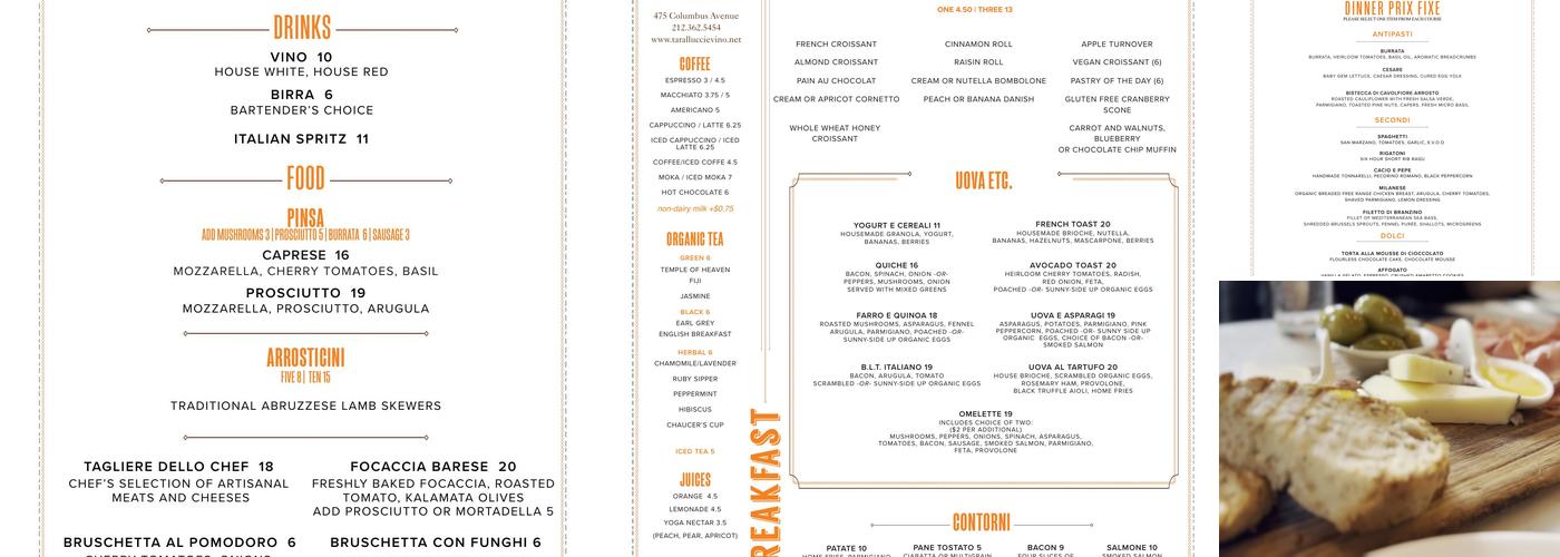 Tarallucci e Vino Upper West Side Menu
