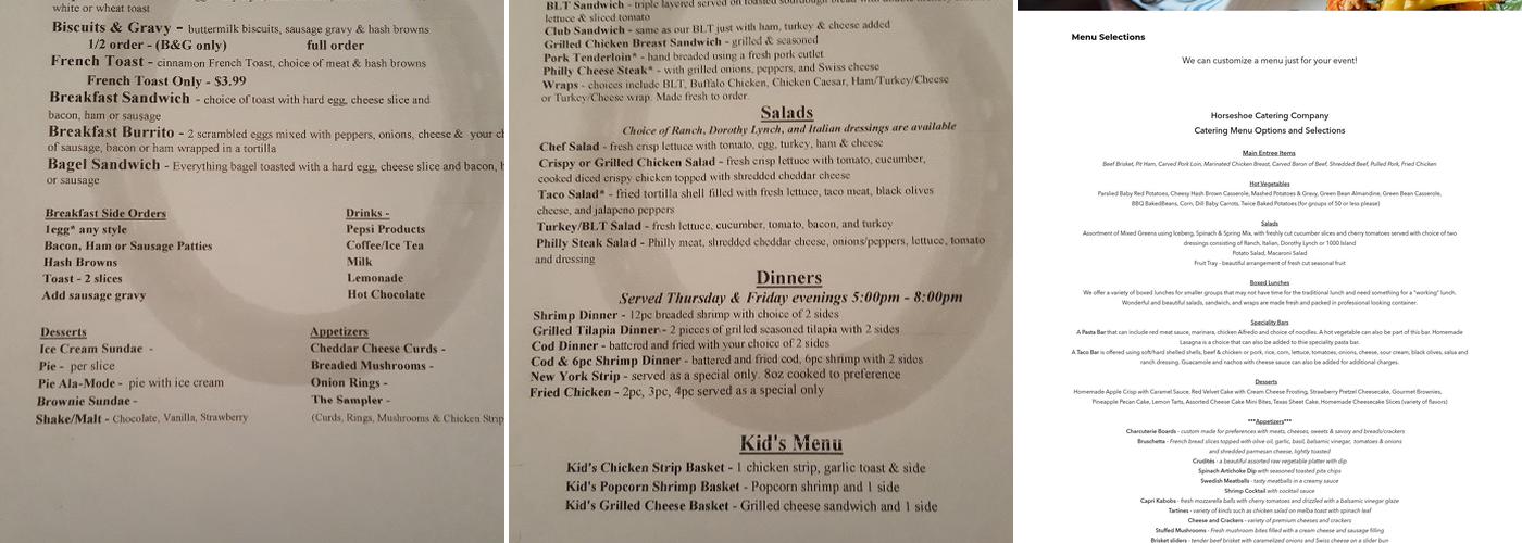 HORSESHOE CAFE & CATERING Menu