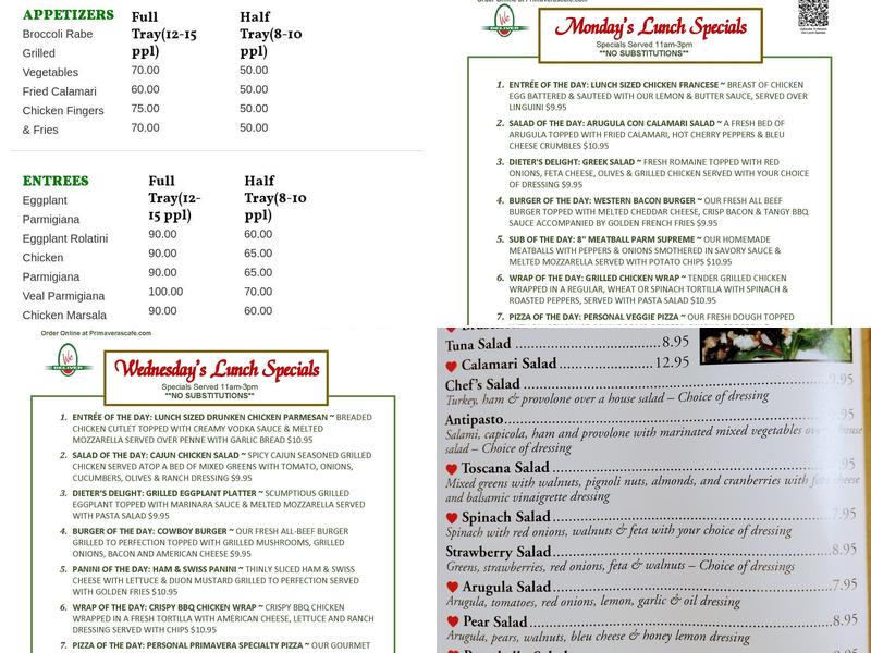 Primavera’s Restaurant & Pizza Menu