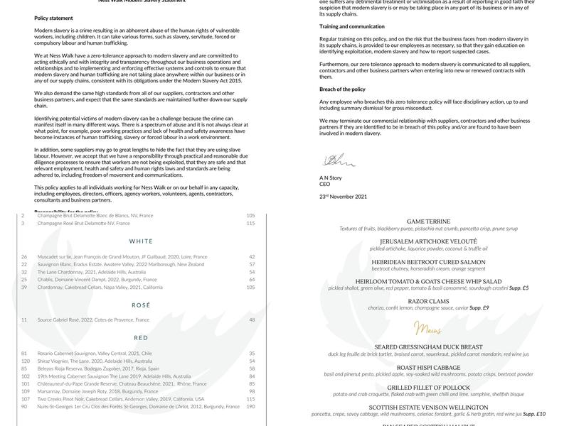 Torrish at Ness Walk Menu