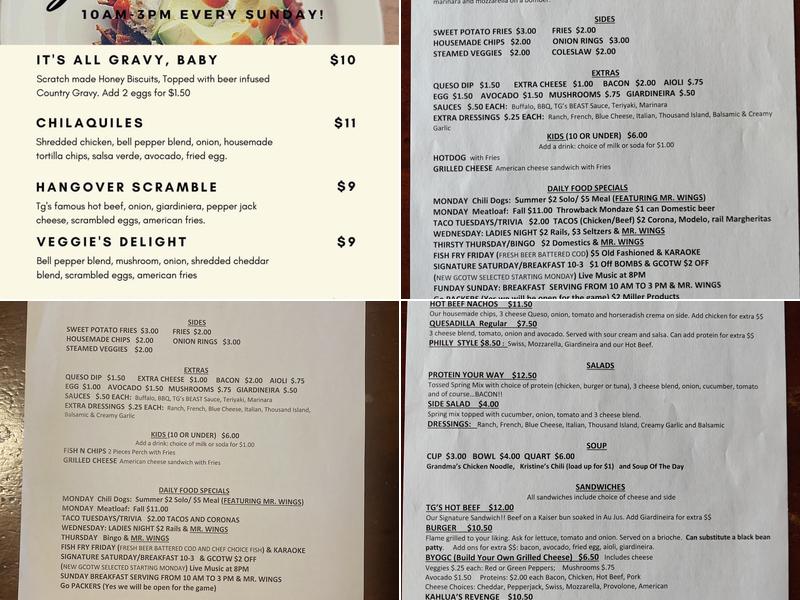tg's Restaurant & Pub Menu