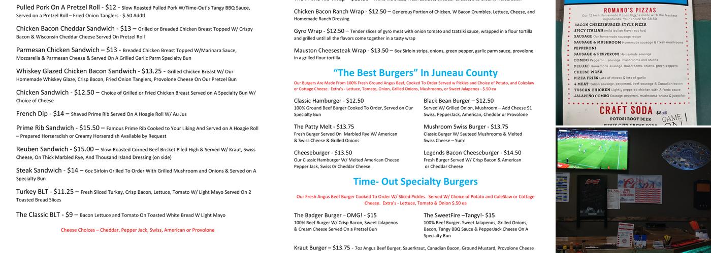Timmy's Time Out Bar & Grill Menu