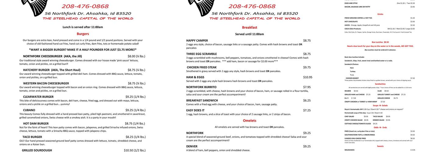 Northfork Café Menu
