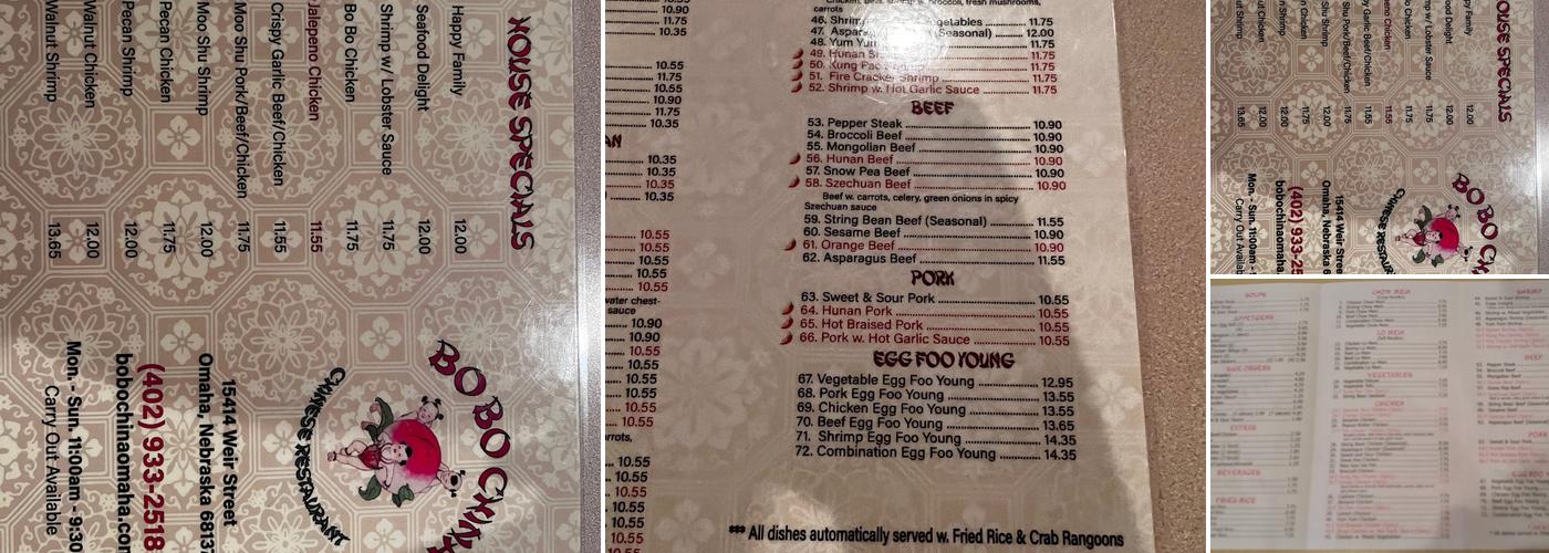 Bo Bo China Menu