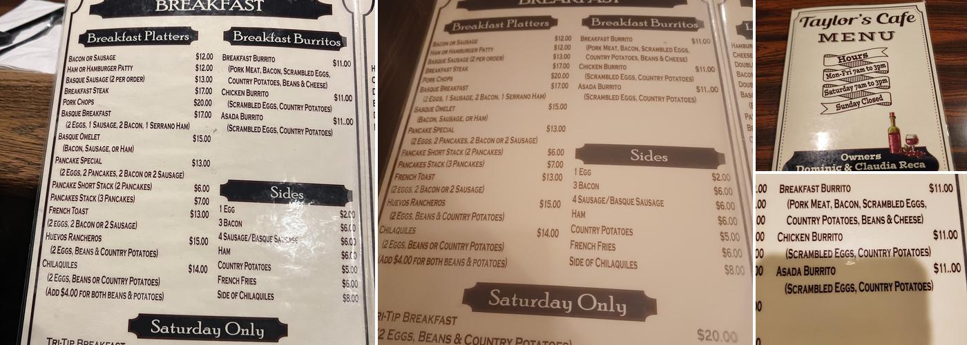 Taylor's Cafe Menu