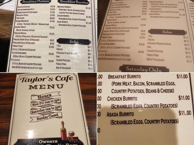 Taylor's Cafe Menu