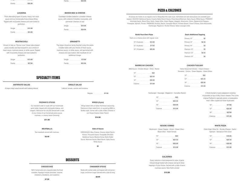 Piezano's Menu