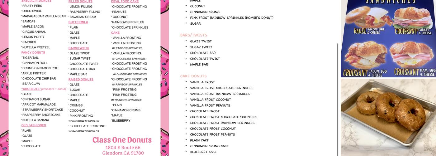 Class One Donuts Menu