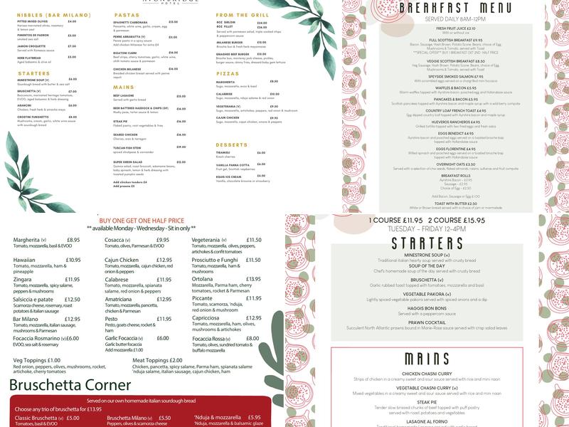 Bar Milano Pizza Restaurant Menu