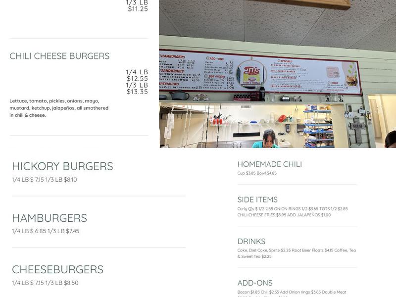 Ty's Hamburgers Menu