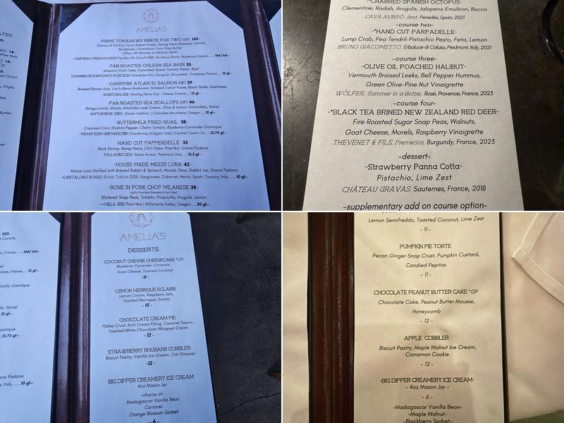 Amelia's Wood Fired Cuisine Menu