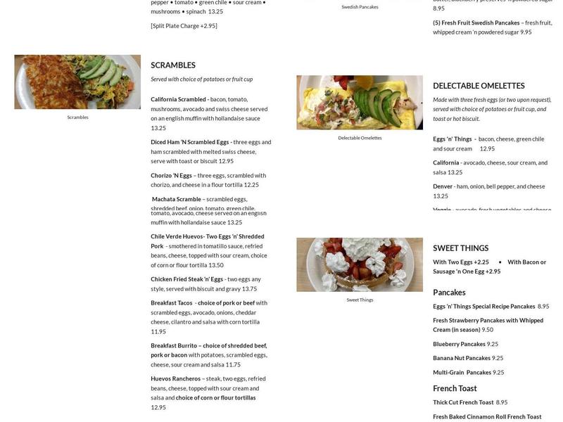 Eggs 'N' Things Menu