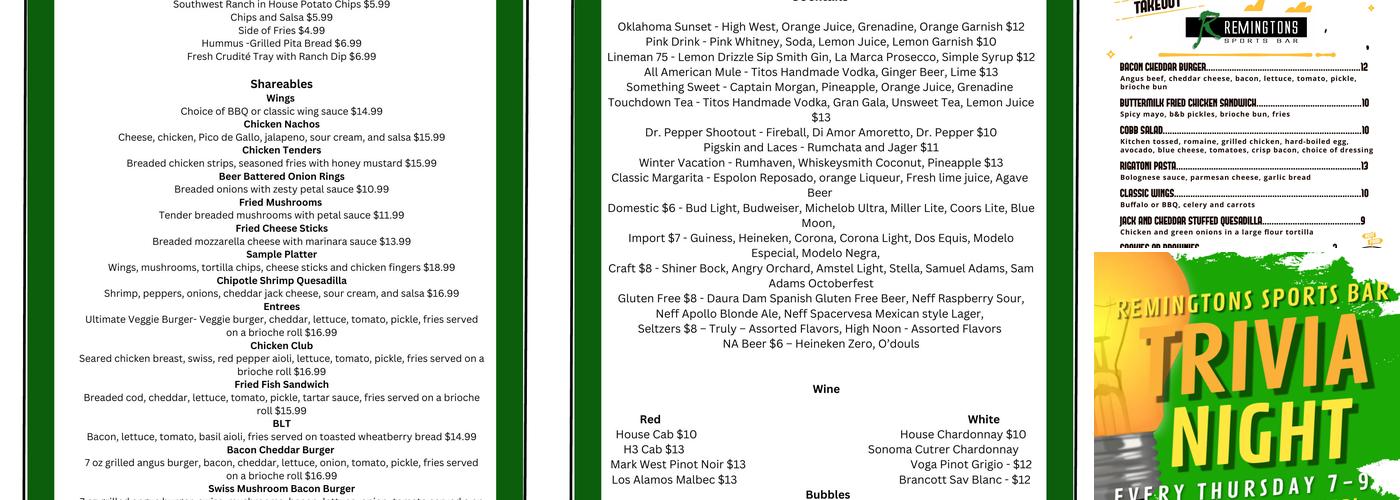 Remingtons Sports Bar Menu