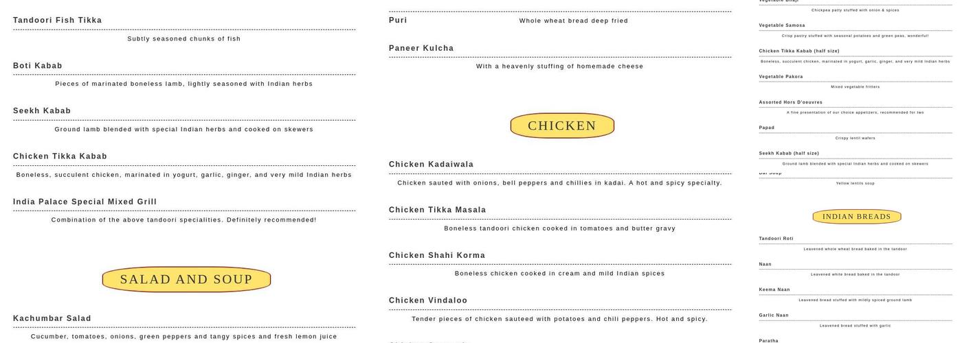 India Palace Menu
