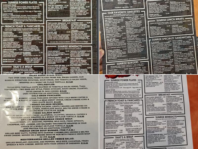 The Original Sunrise Cafe Menu