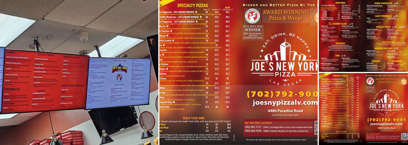 Joe's New York Pizza Paradise Road Menu