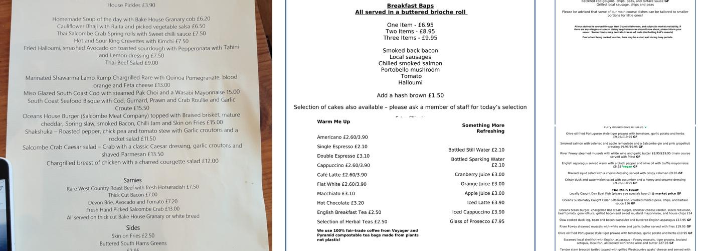 Oceans Restaurant Menu