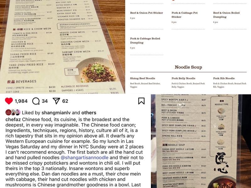 Shang Artisan Noodle Menu