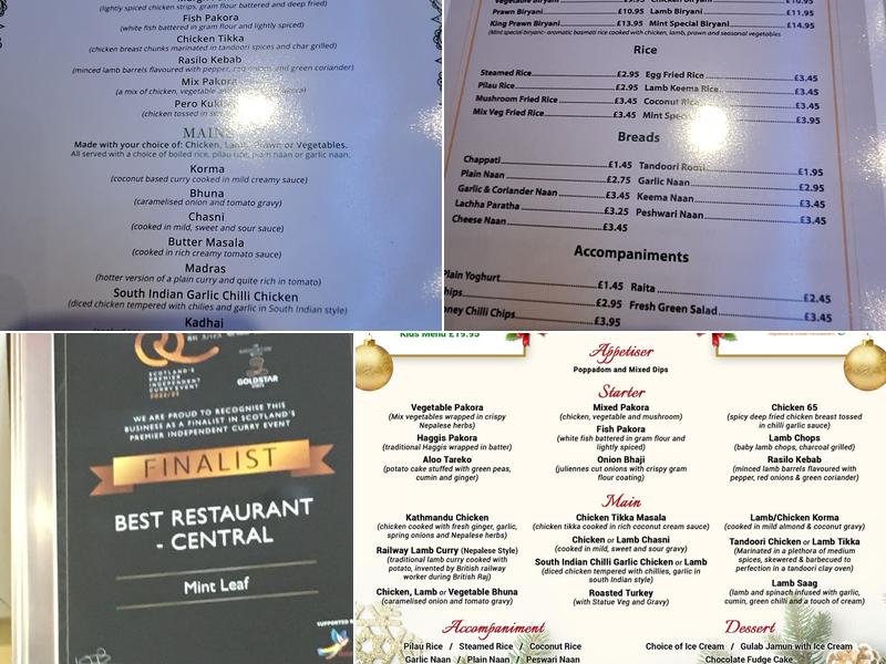 Mint leaf Nepalese and indian restaurant Menu