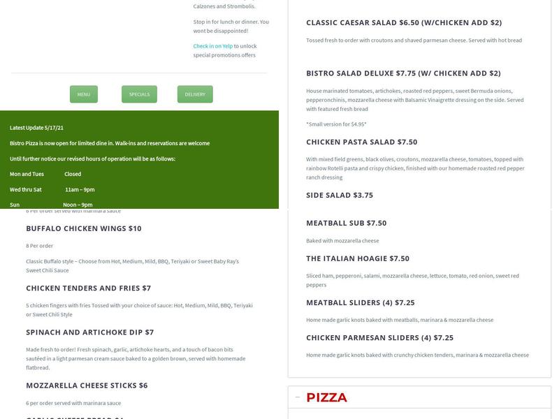 Bistro Pizza Menu