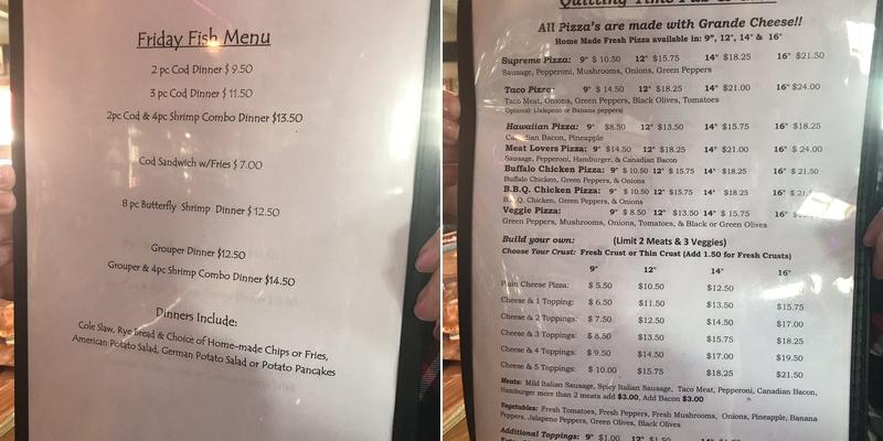 Quitting Time Pub and Grill Menu