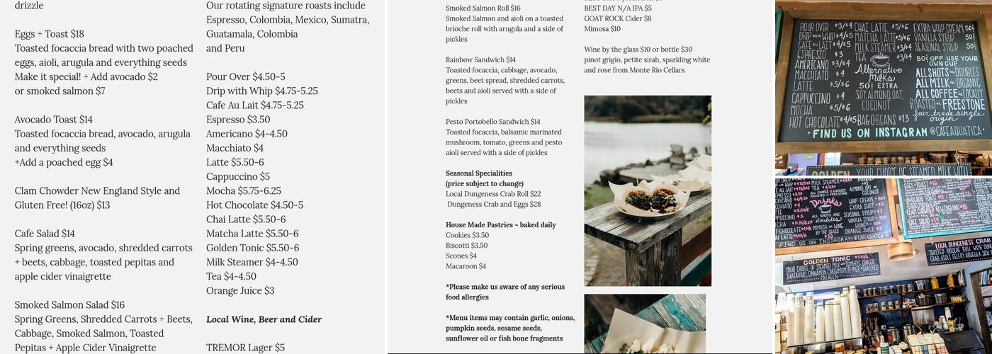 Cafe Aquatica Menu