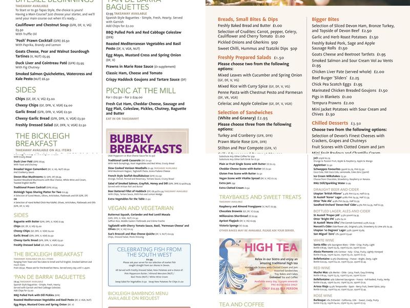 Bickleigh Mill Menu
