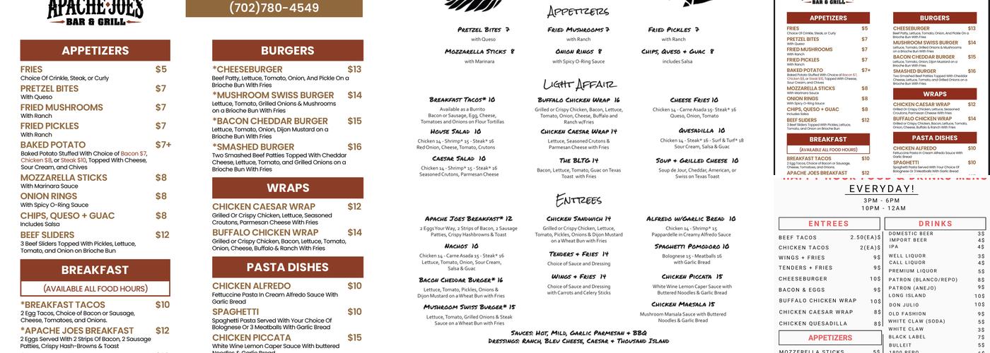 Apache Joe's Bar and Grill Menu