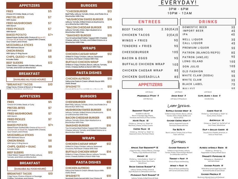 Apache Joe's Bar and Grill Menu