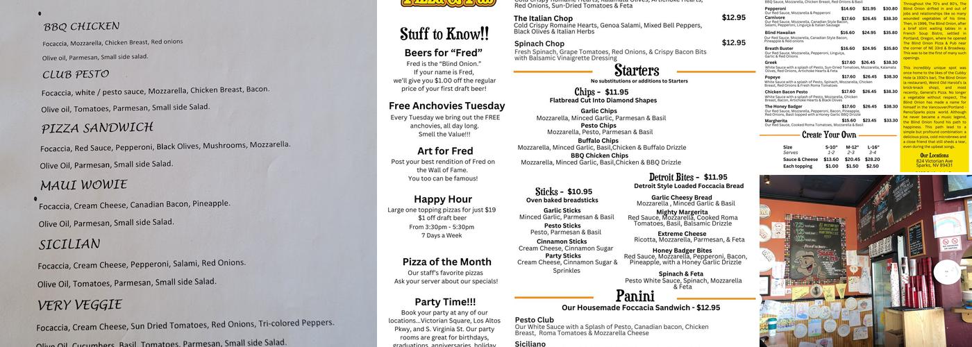 Blind Onion Pizza & Pub Menu