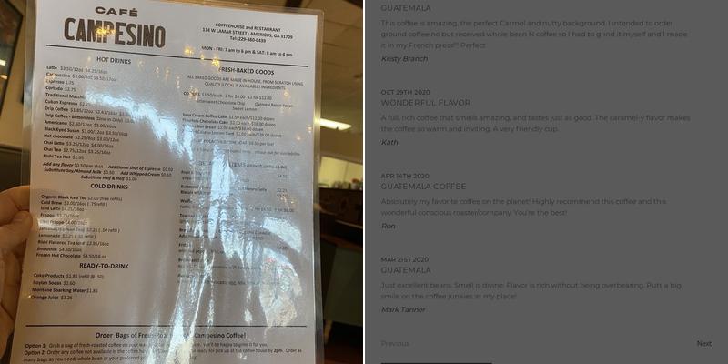 Cafe Campesino Roastery Menu