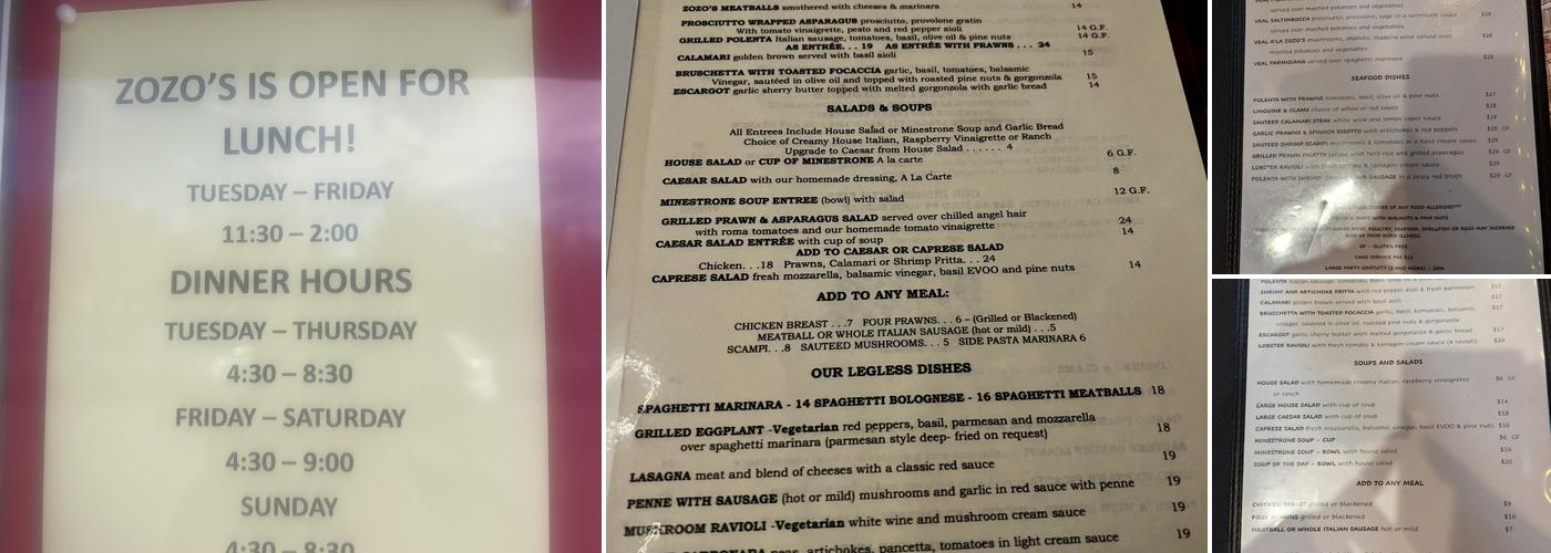 Zozo's Ristorante Menu