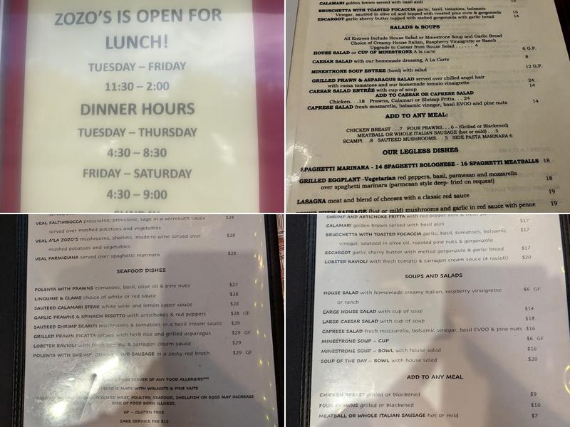 Zozo's Ristorante Menu
