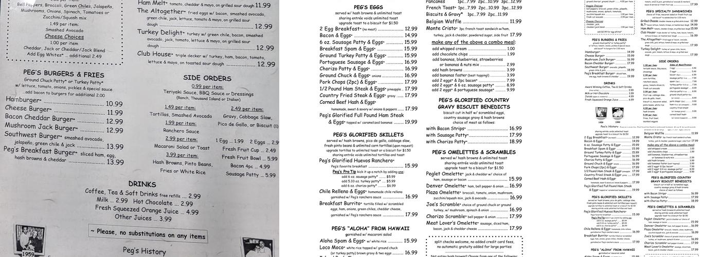 Peg’s Glorified Ham N Eggs Menu